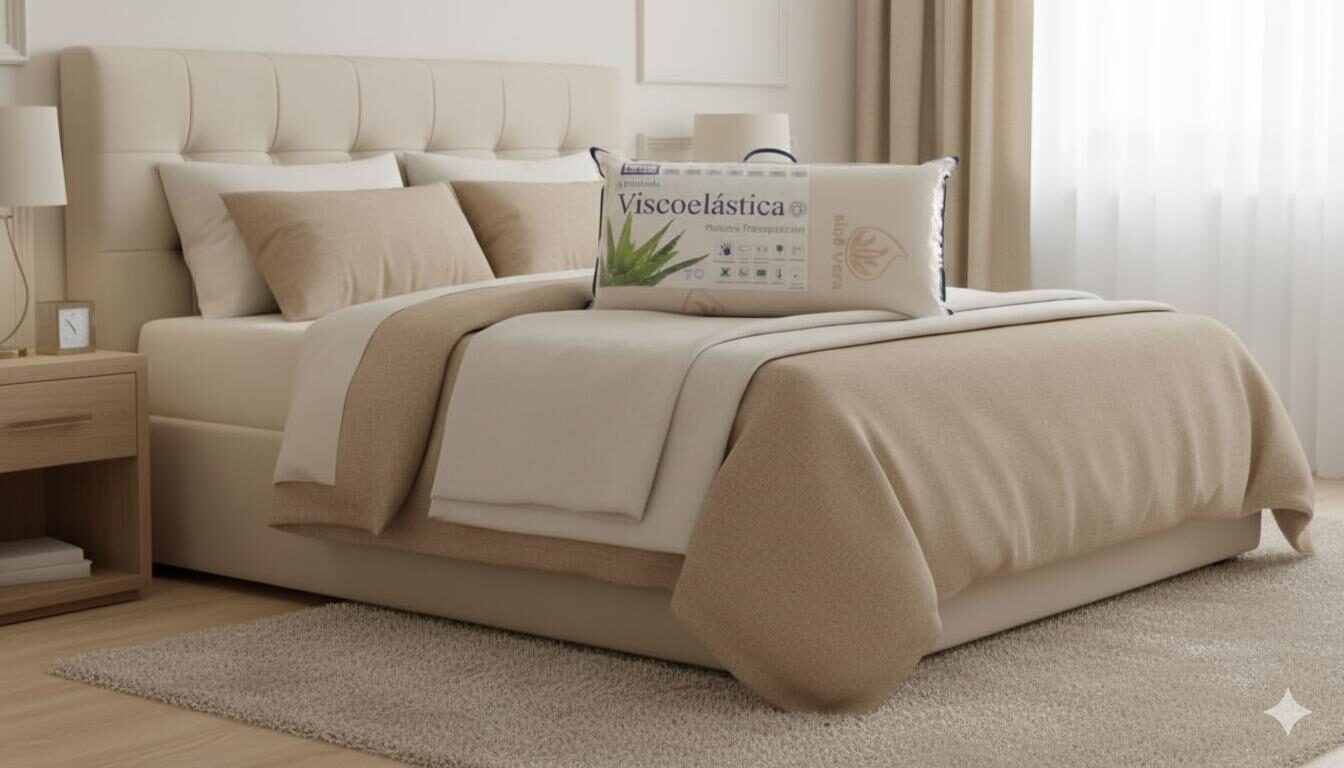 Dormitorio en tonos beiges, almohada viscoelastica de aloe vera sobre la cama