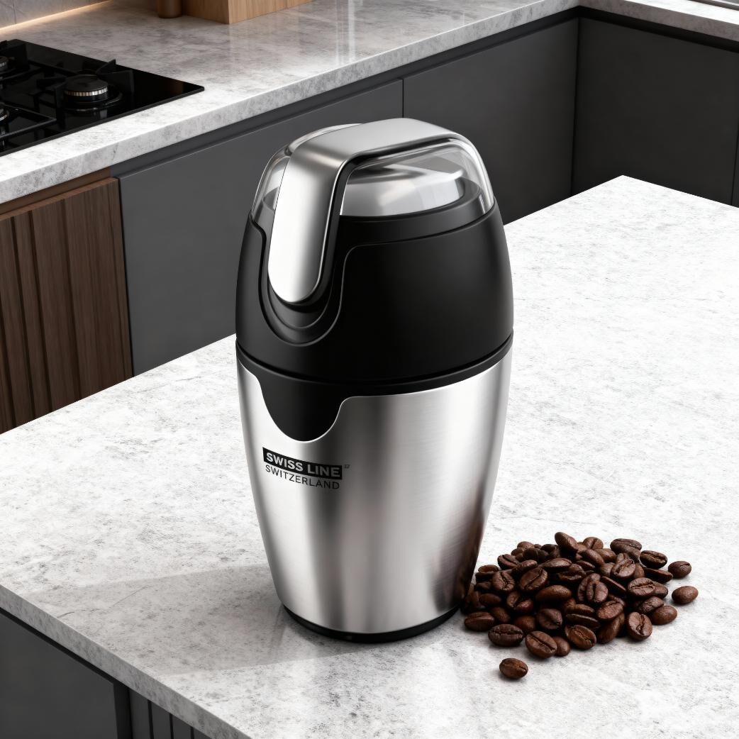 Molinillo de cafe de acero inoxidable en una encimera de cocina junto con granos de café